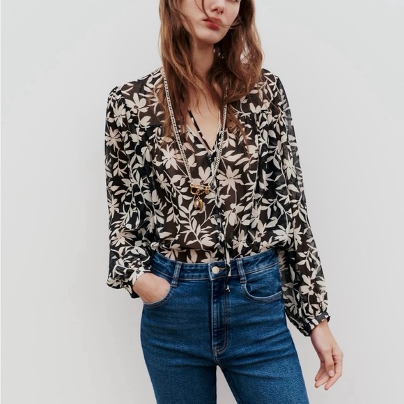 NWT ZARA SEMI-SHEER FLORAL BOHO BLOUSE - Picture 1 of 6